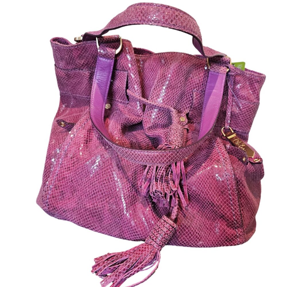 Cole Haan Magenta Pink Snake Large Leather Bucket Bag Tassels & gold hw EUC